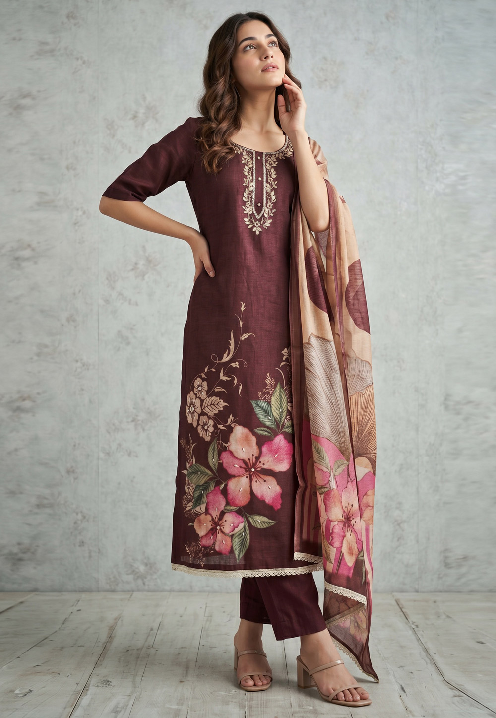 Maroon Cotton Straight Suit 329358