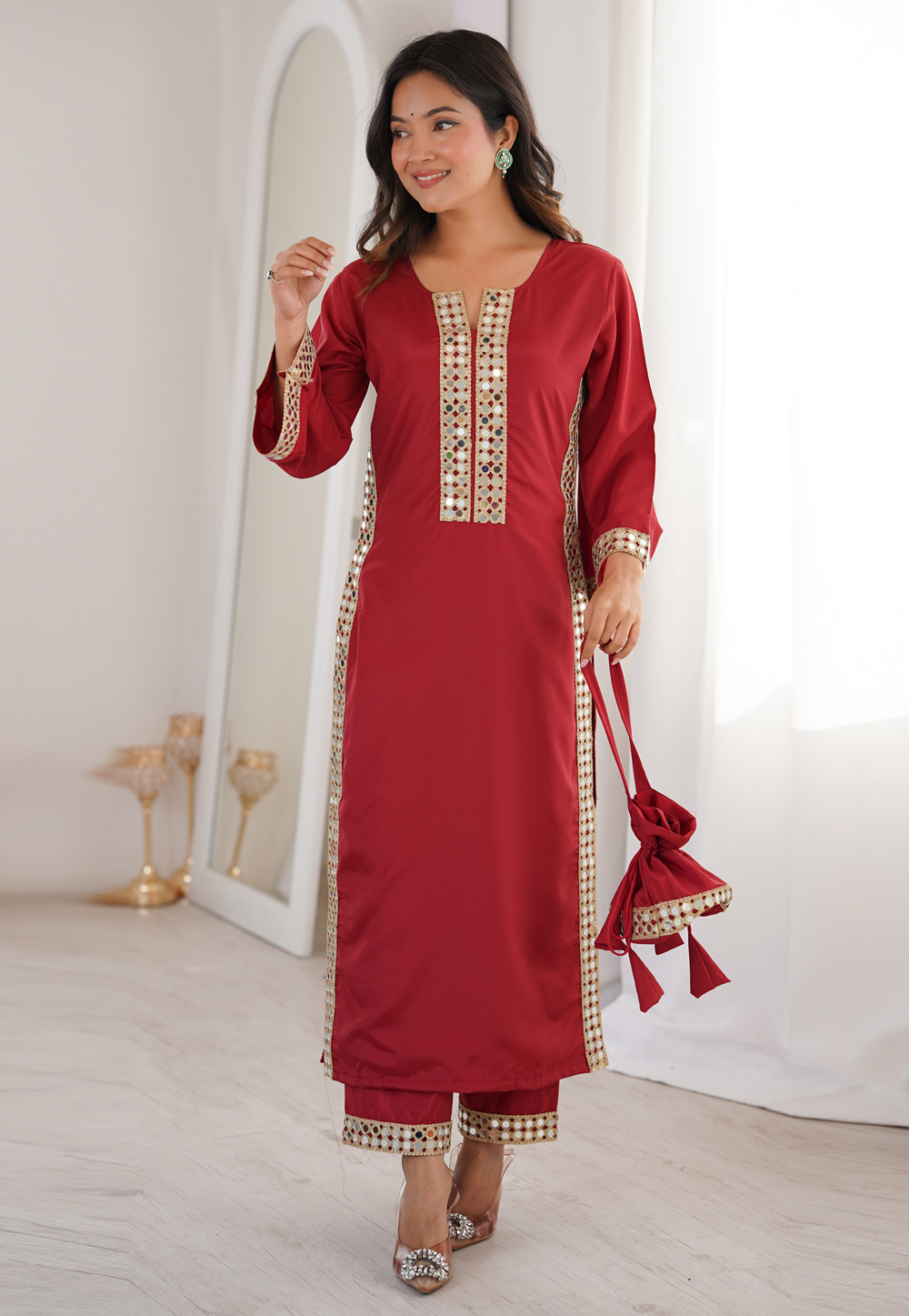 Maroon Crepe Kurta Set With Pant 326553