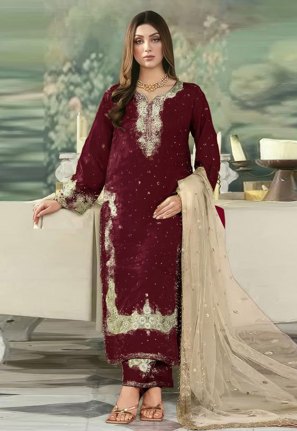 Maroon Crepe Pant Style Suit 323347