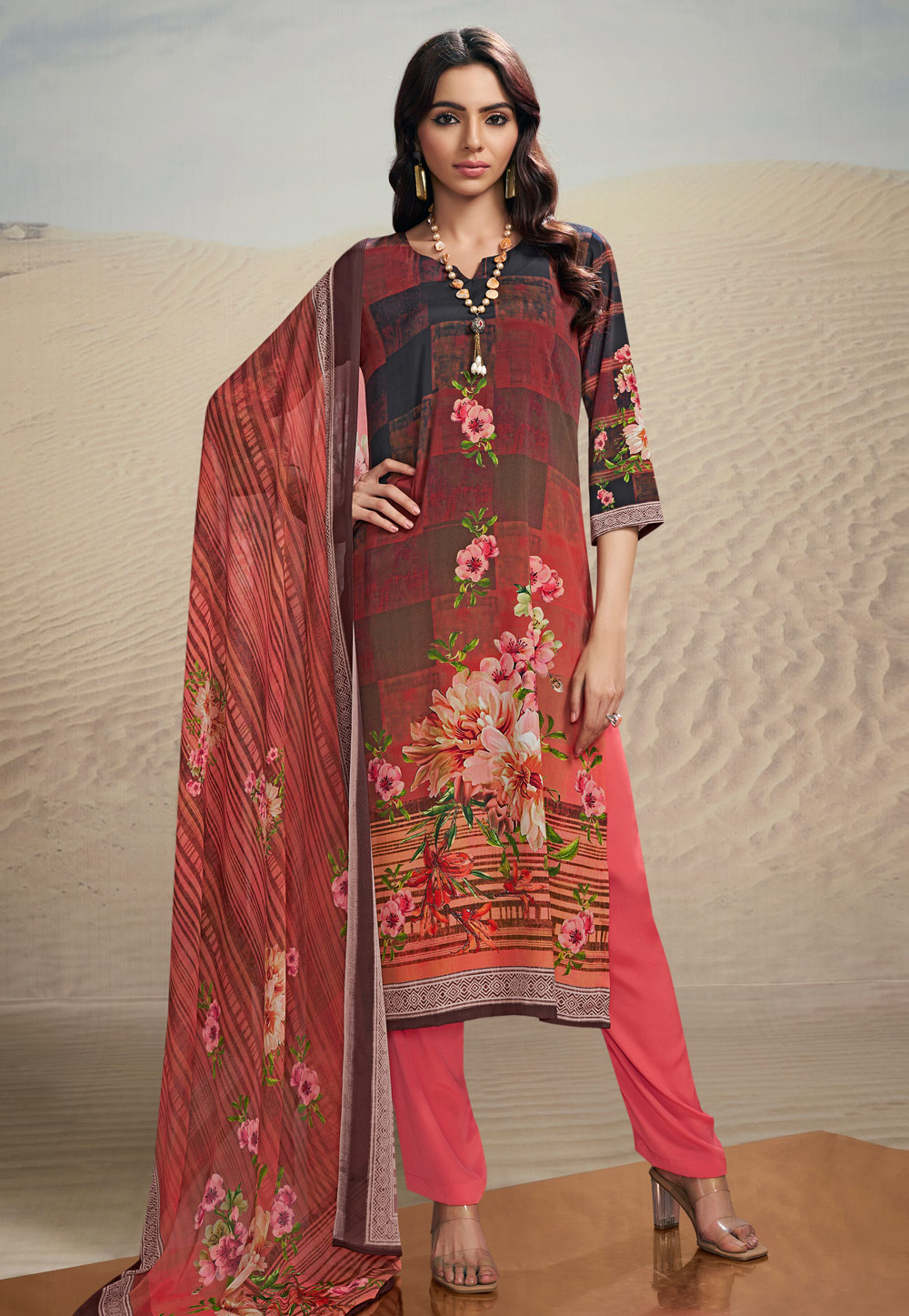 Maroon Crepe Pant Style Suit 284974