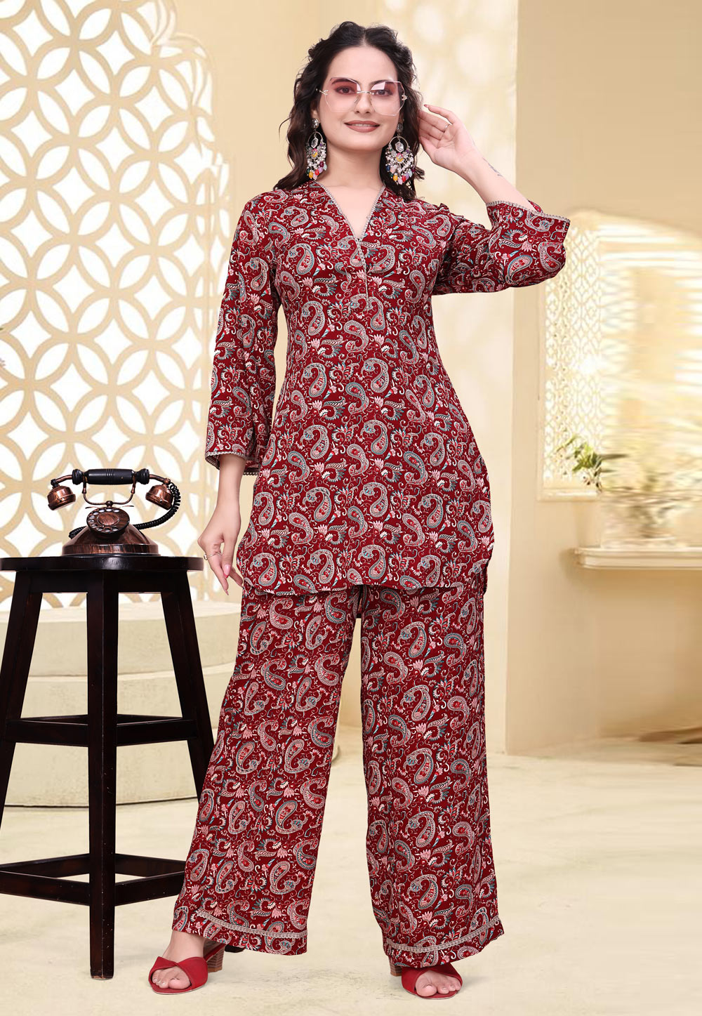 Maroon Crepe Printed Co-Ords Set 321726