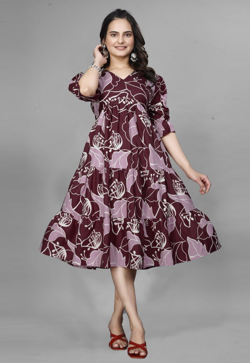 Maroon Crepe Printed Gown 308174