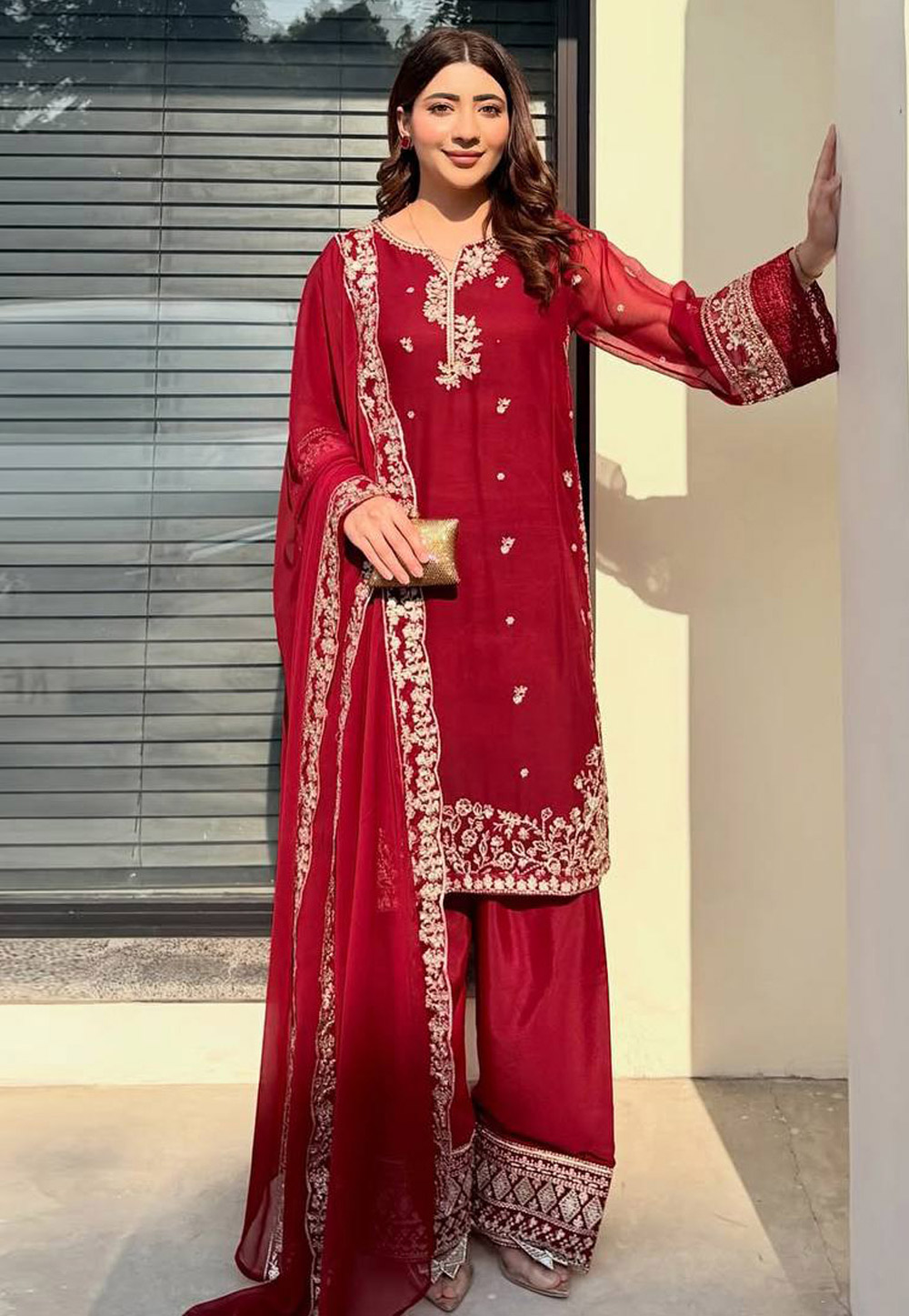 Maroon Crepe Readymade Pakistani Suit 323466
