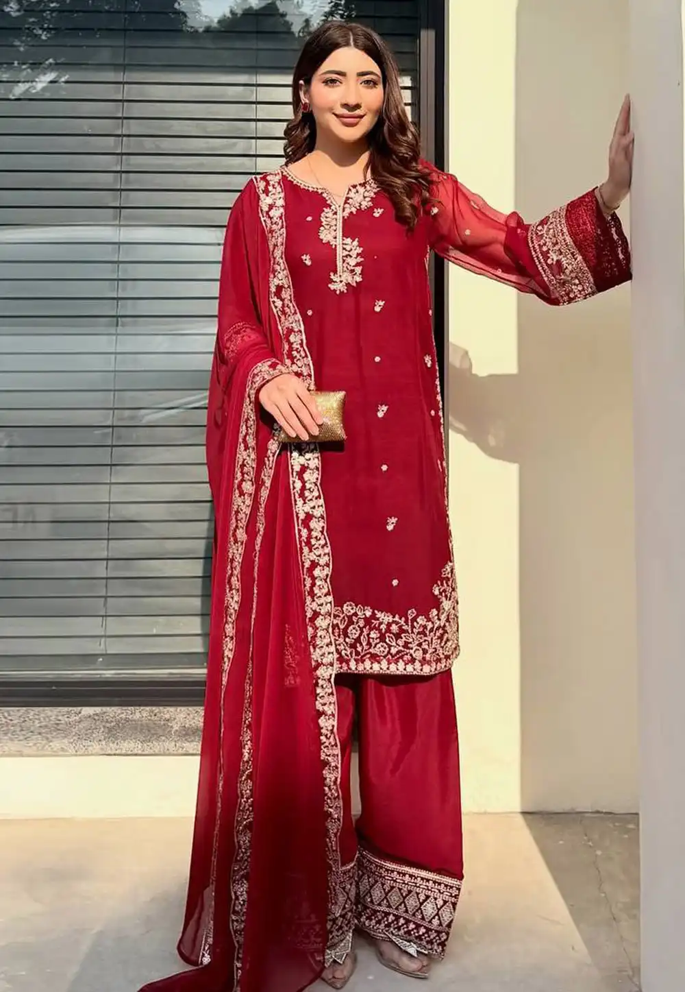 Maroon Crepe Readymade Pakistani Suit 323466