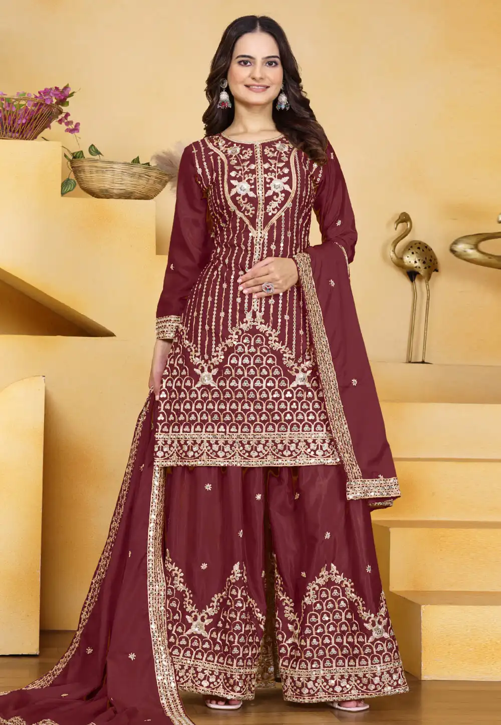 Maroon Crepe Readymade Pakistani Suit 326412