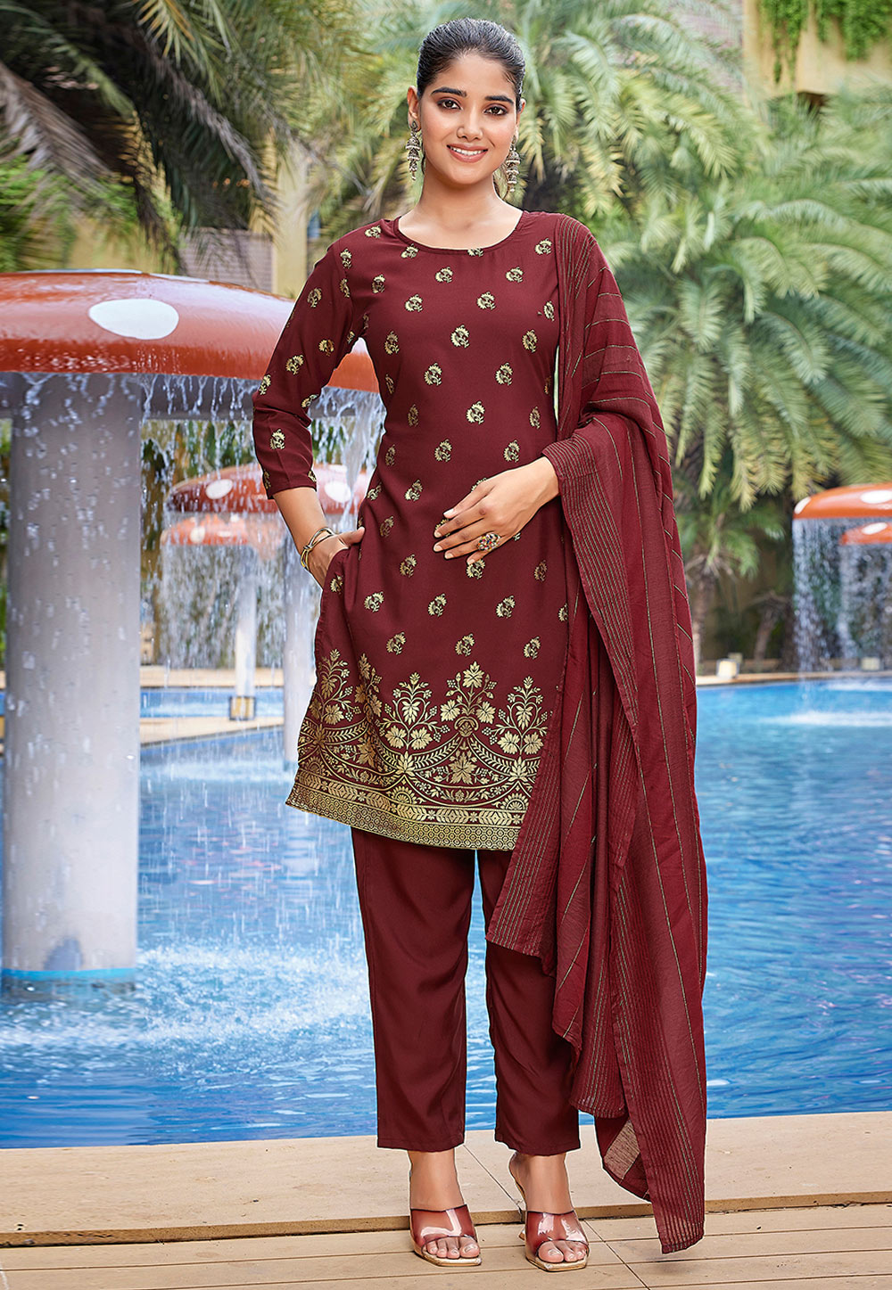 Maroon Crepe Readymade Pakistani Suit 308400