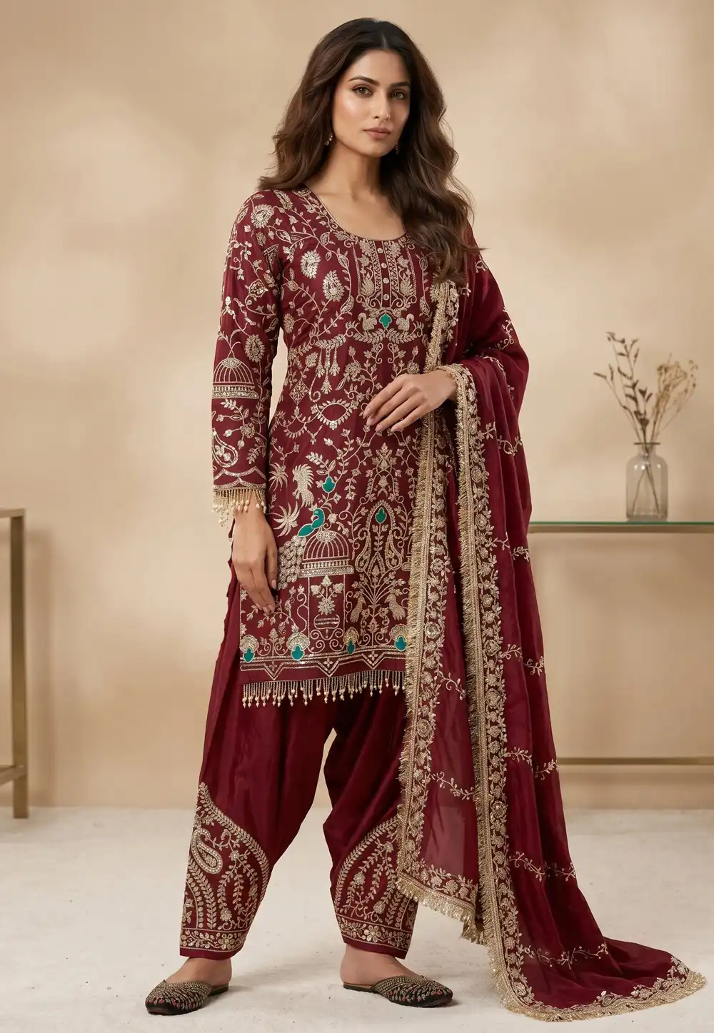 Maroon Crepe Readymade Punjabi Suit 330689