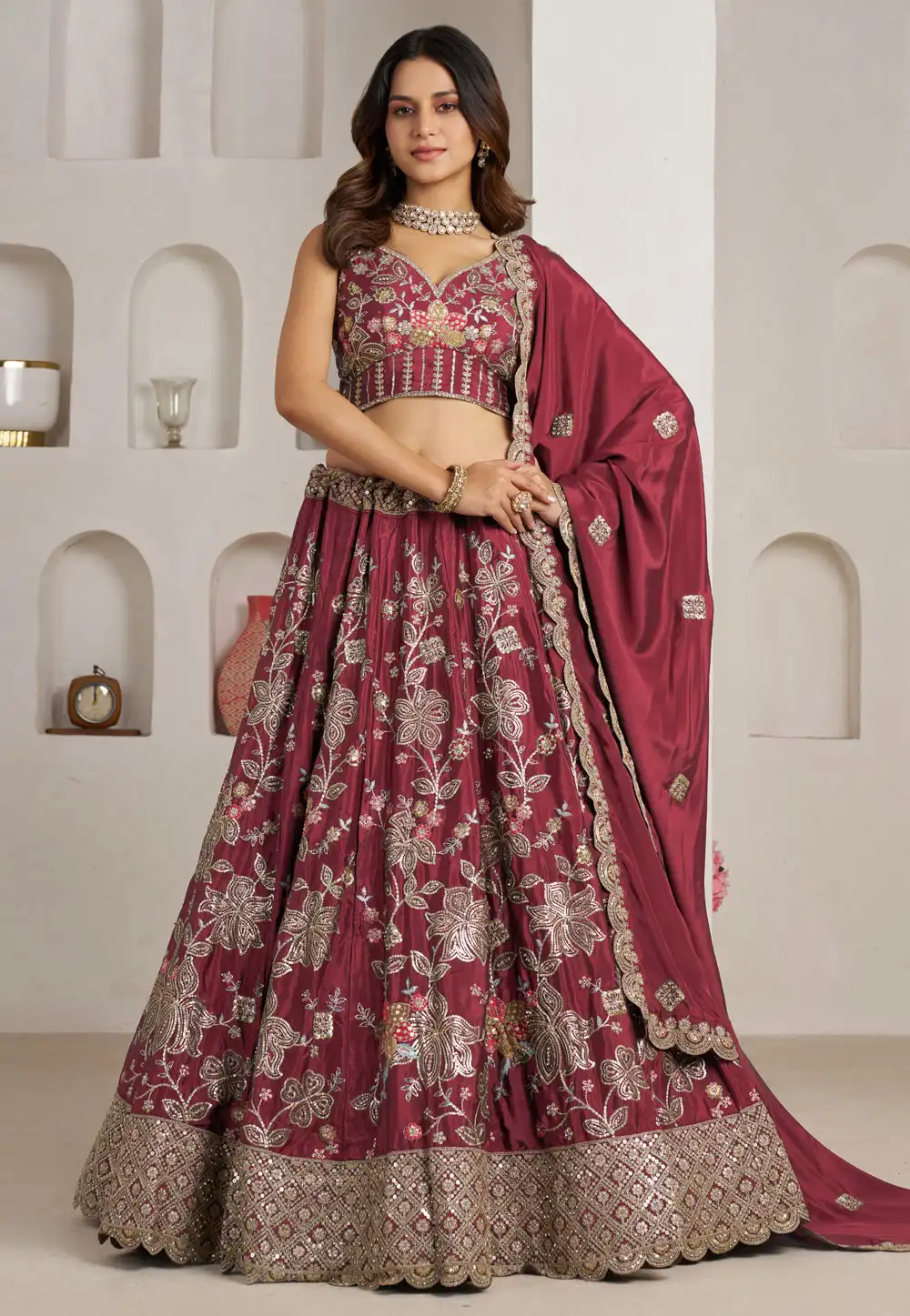 Maroon Crepe Silk Lehenga Choli For Wedding 329378
