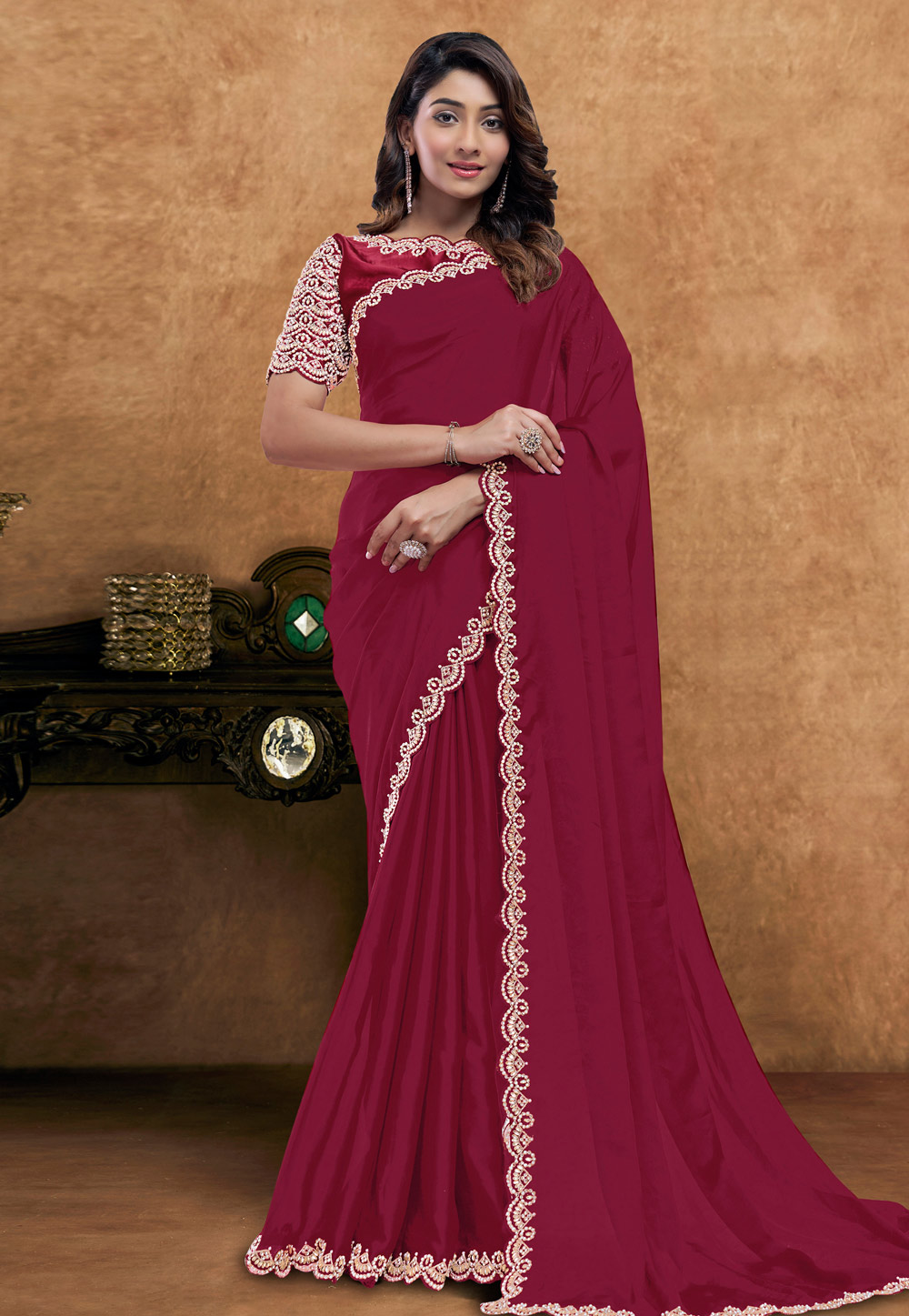 Maroon Crepe Silk Saree With Blouse 326468