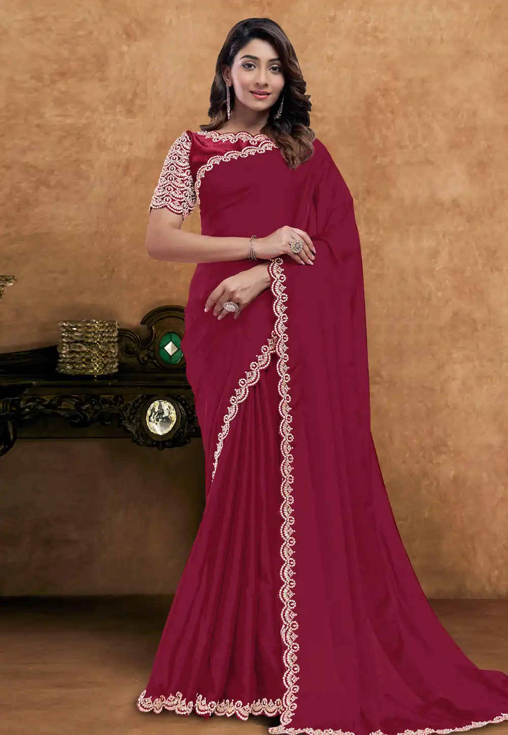 Maroon Crepe Silk Saree With Blouse 326468