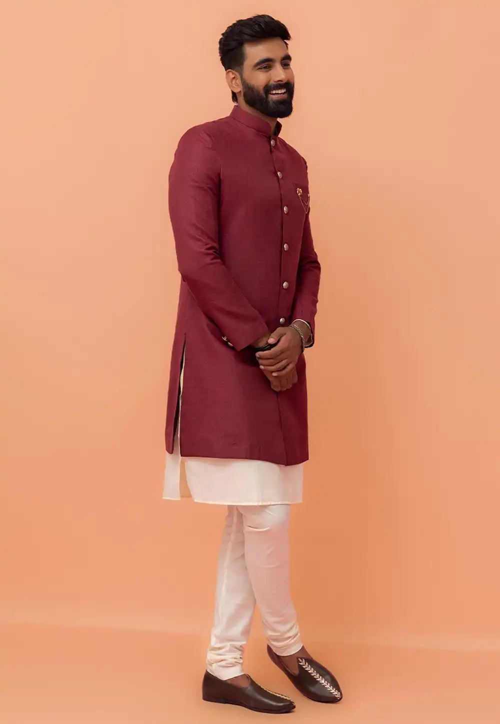 Maroon Dupion Indo Western Suit 313950