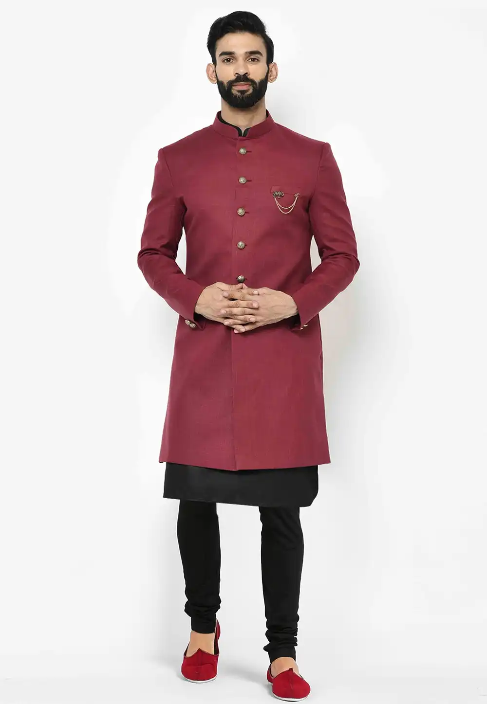 Maroon Dupion Indo Western Suit 313952