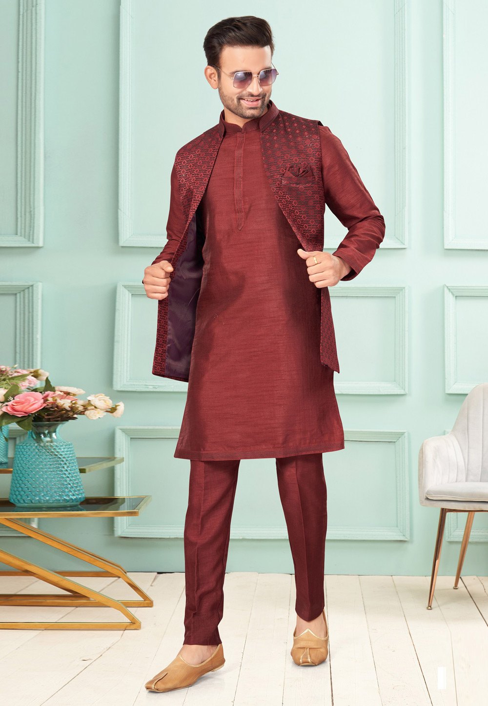 Maroon Dupion Kurta Pajama With Jacket 283889