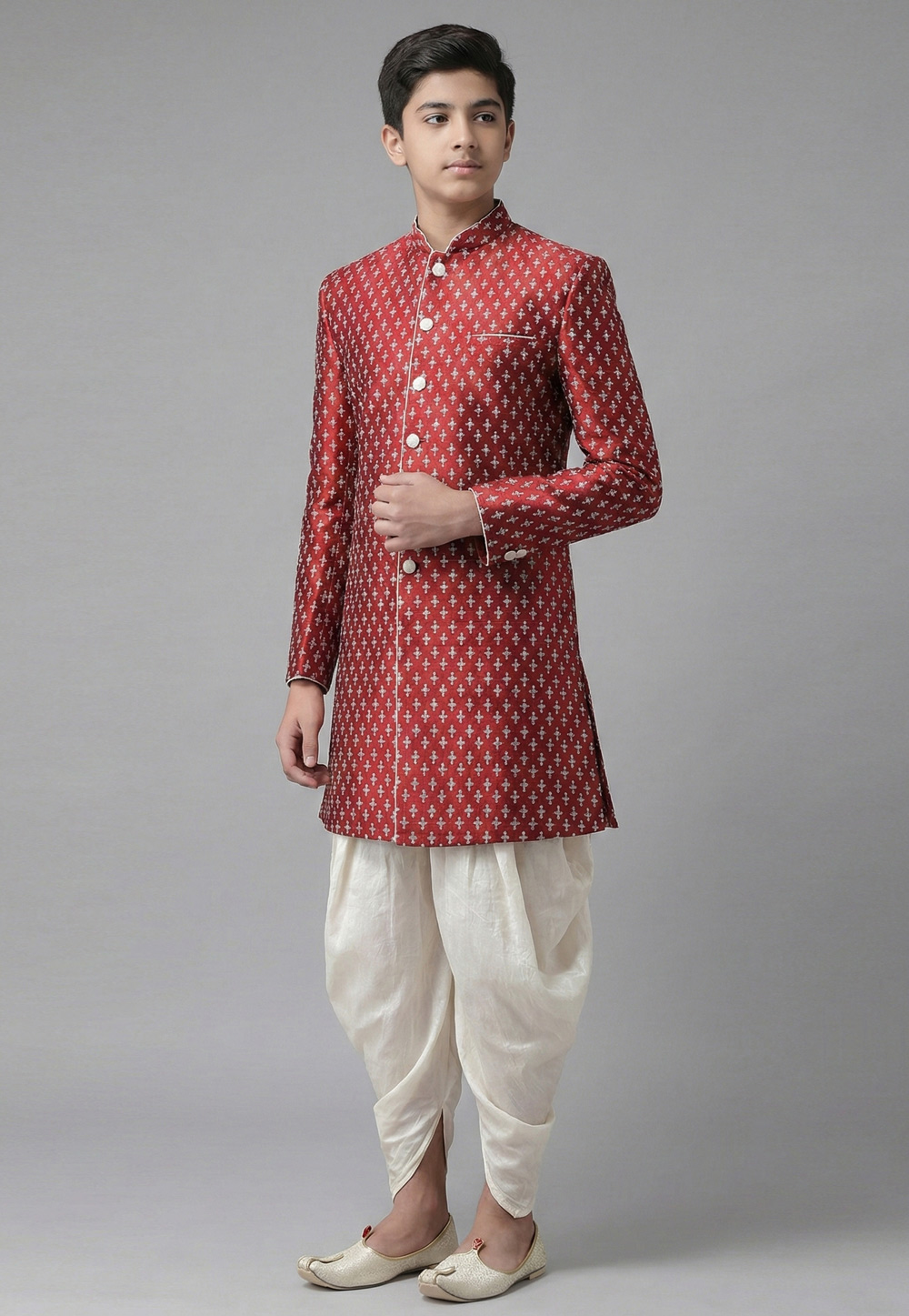 Maroon Dupion Silk Kids Indo Western Suit 325370