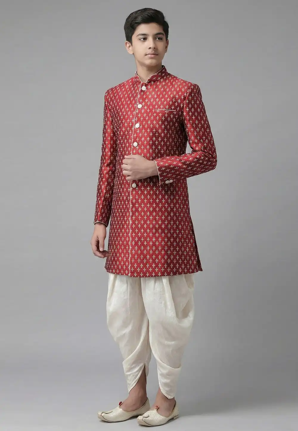 Maroon Dupion Silk Kids Indo Western Suit 325370