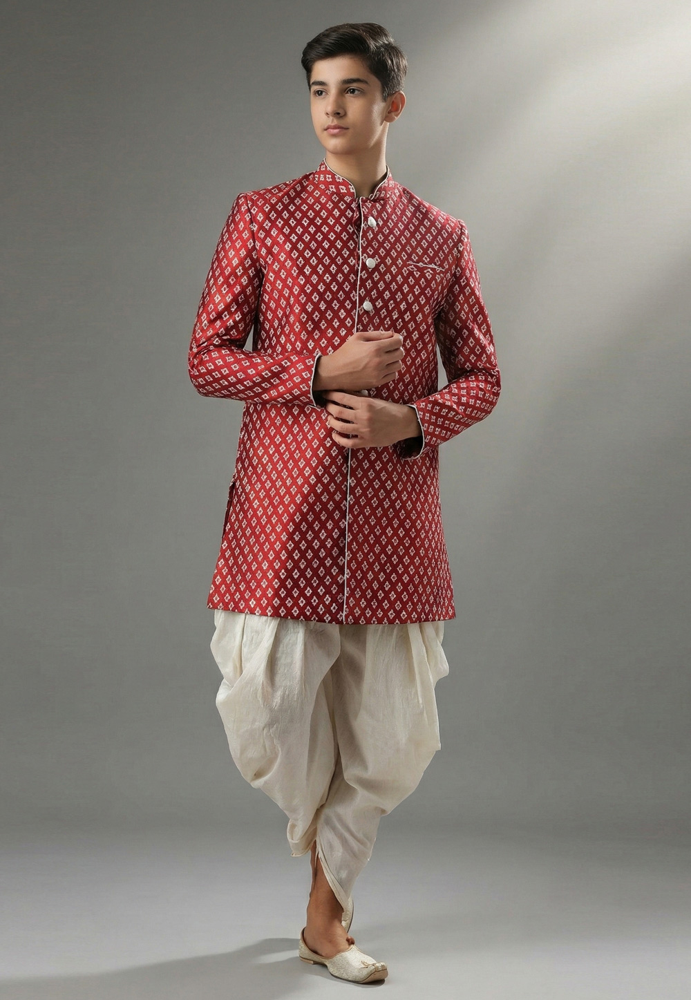 Maroon Dupion Silk Kids Indo Western Suit 325371