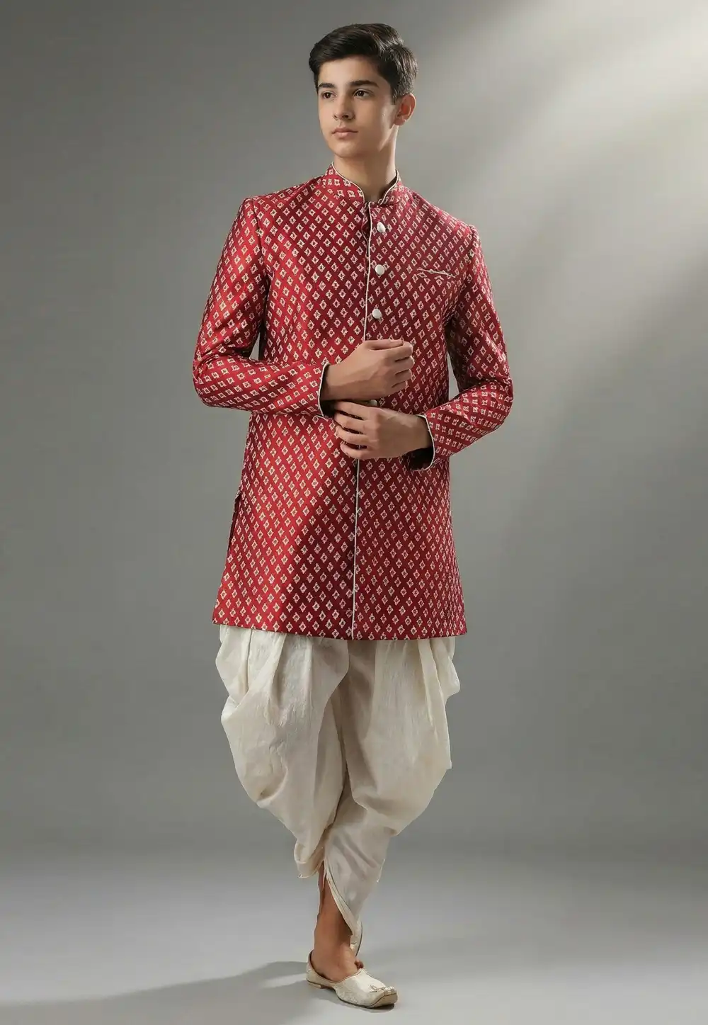 Maroon Dupion Silk Kids Indo Western Suit 325371