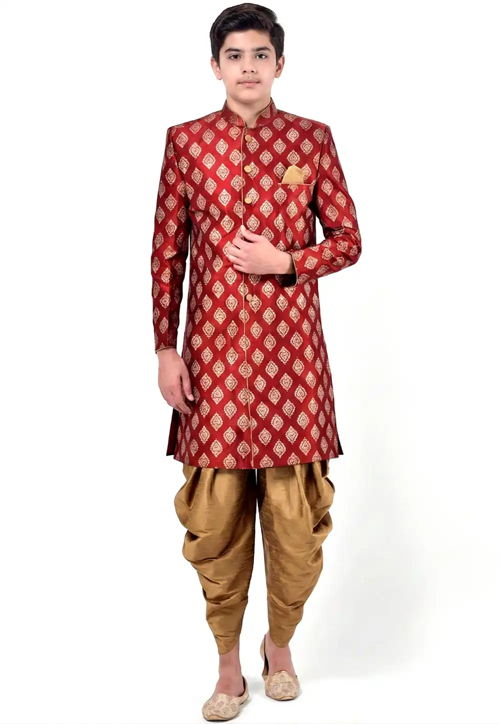 Maroon Dupion Silk Kids Indo Western Suit 325377
