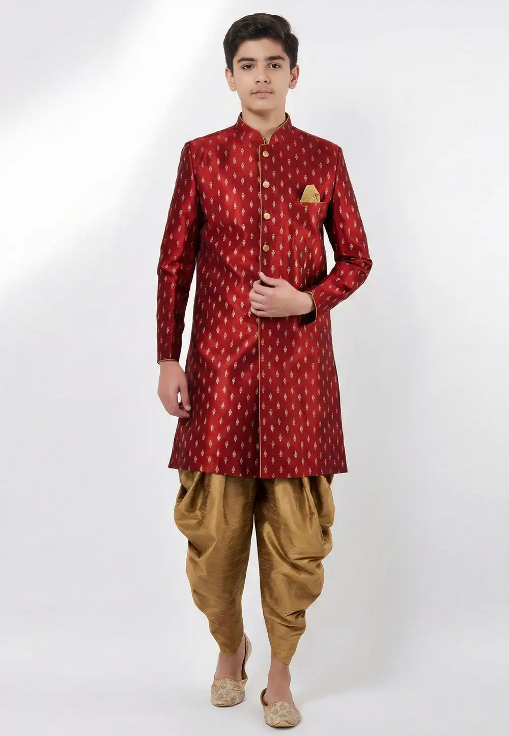 Maroon Dupion Silk Kids Indo Western Suit 325378