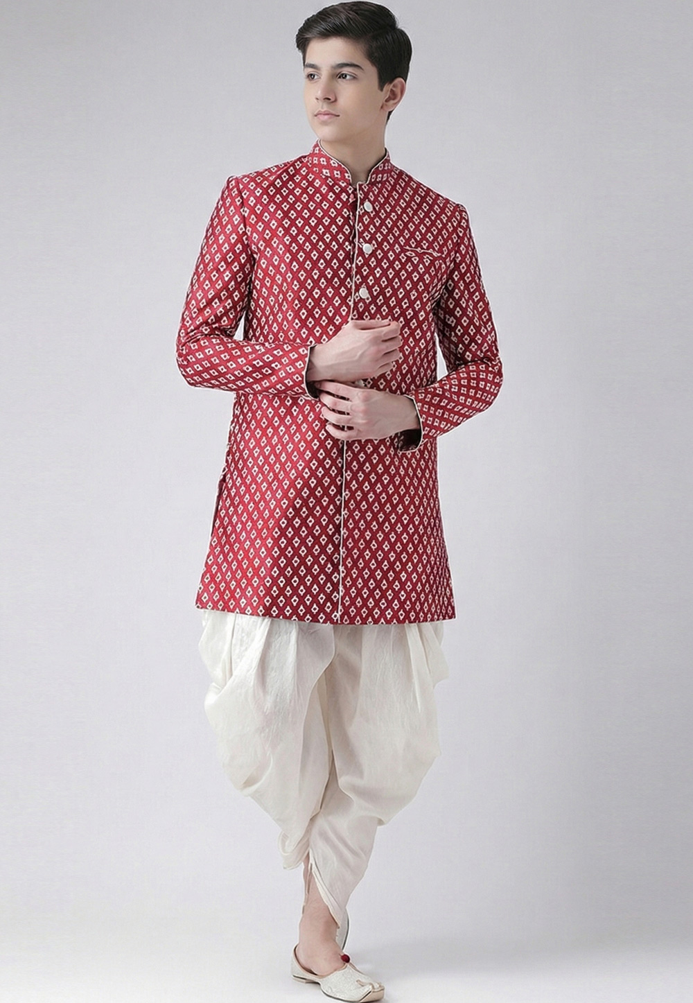 Maroon Dupion Silk Kids Indo Western Suit 325380