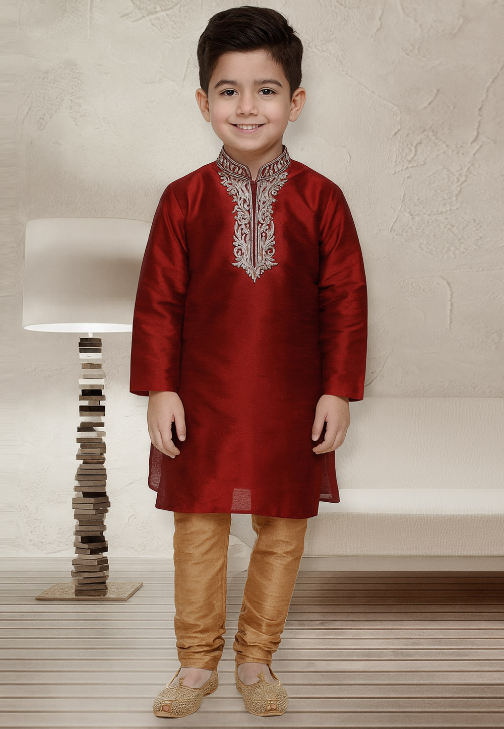 Maroon Dupion Silk Kids Kurta Pajama 320795
