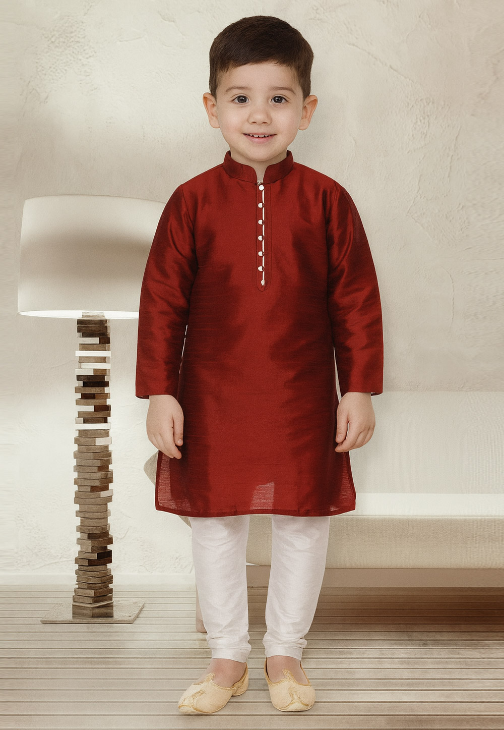 Maroon Dupion Silk Kids Kurta Pajama 320805