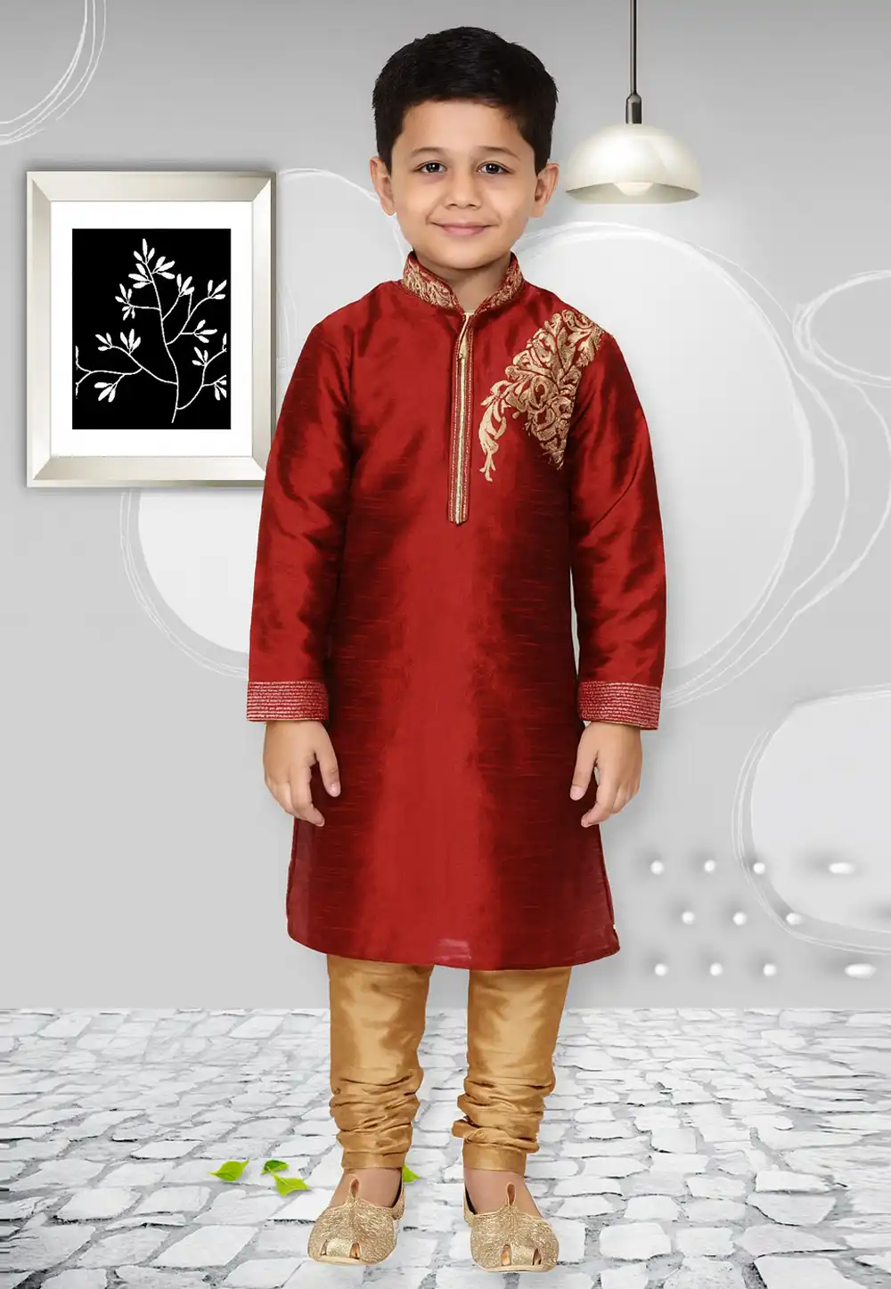 Maroon Dupion Silk Kids Kurta Pajama 320823