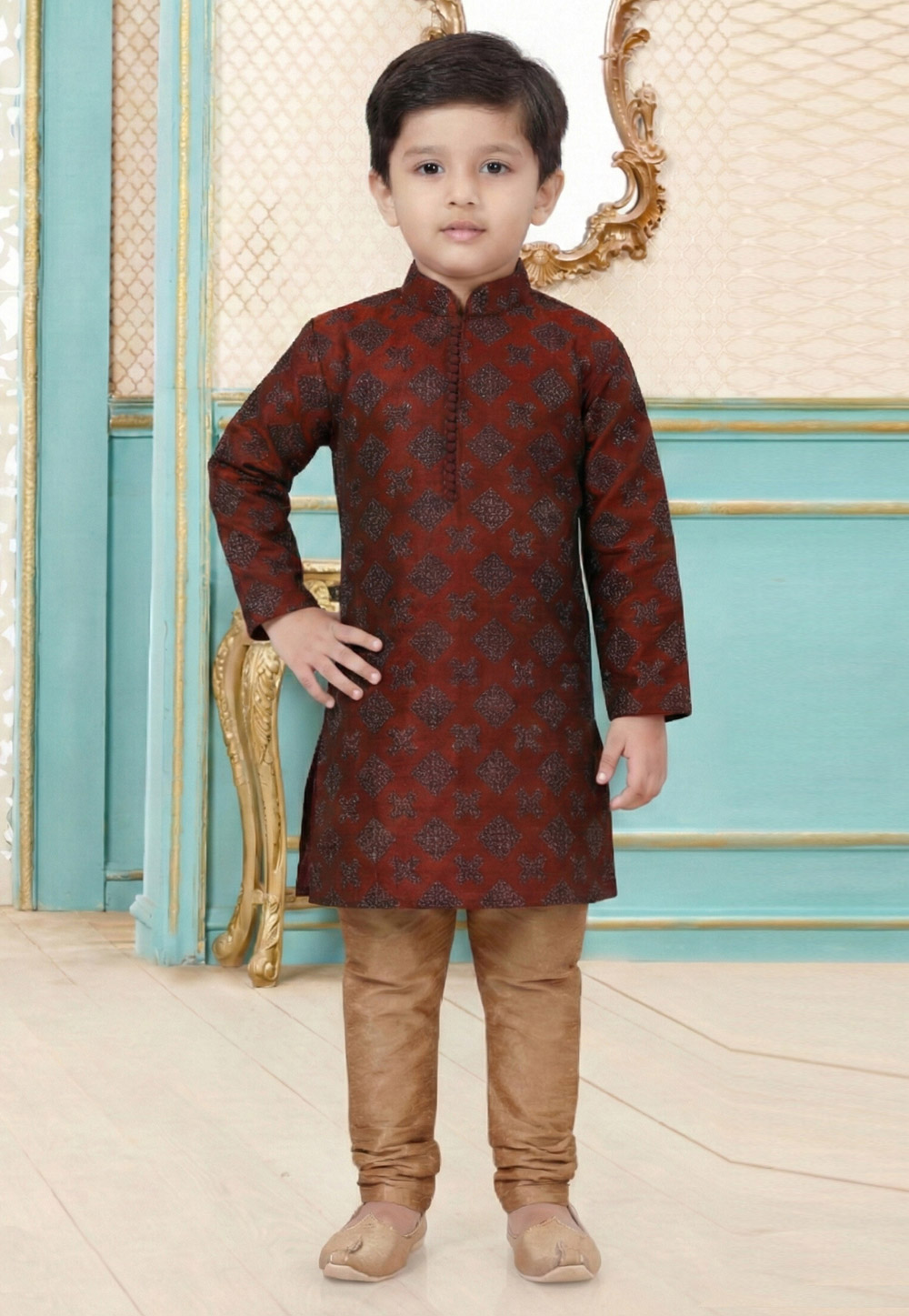 Maroon Dupion Silk Kids Kurta Pajama 323167