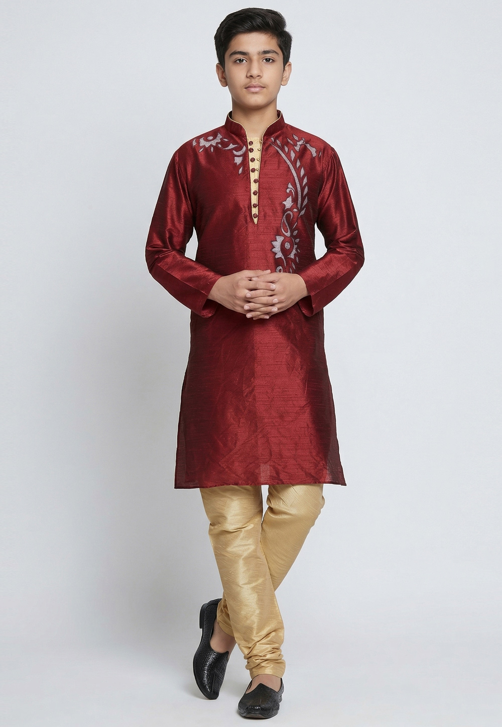 Maroon Dupion Silk Kids Kurta Pajama 329321