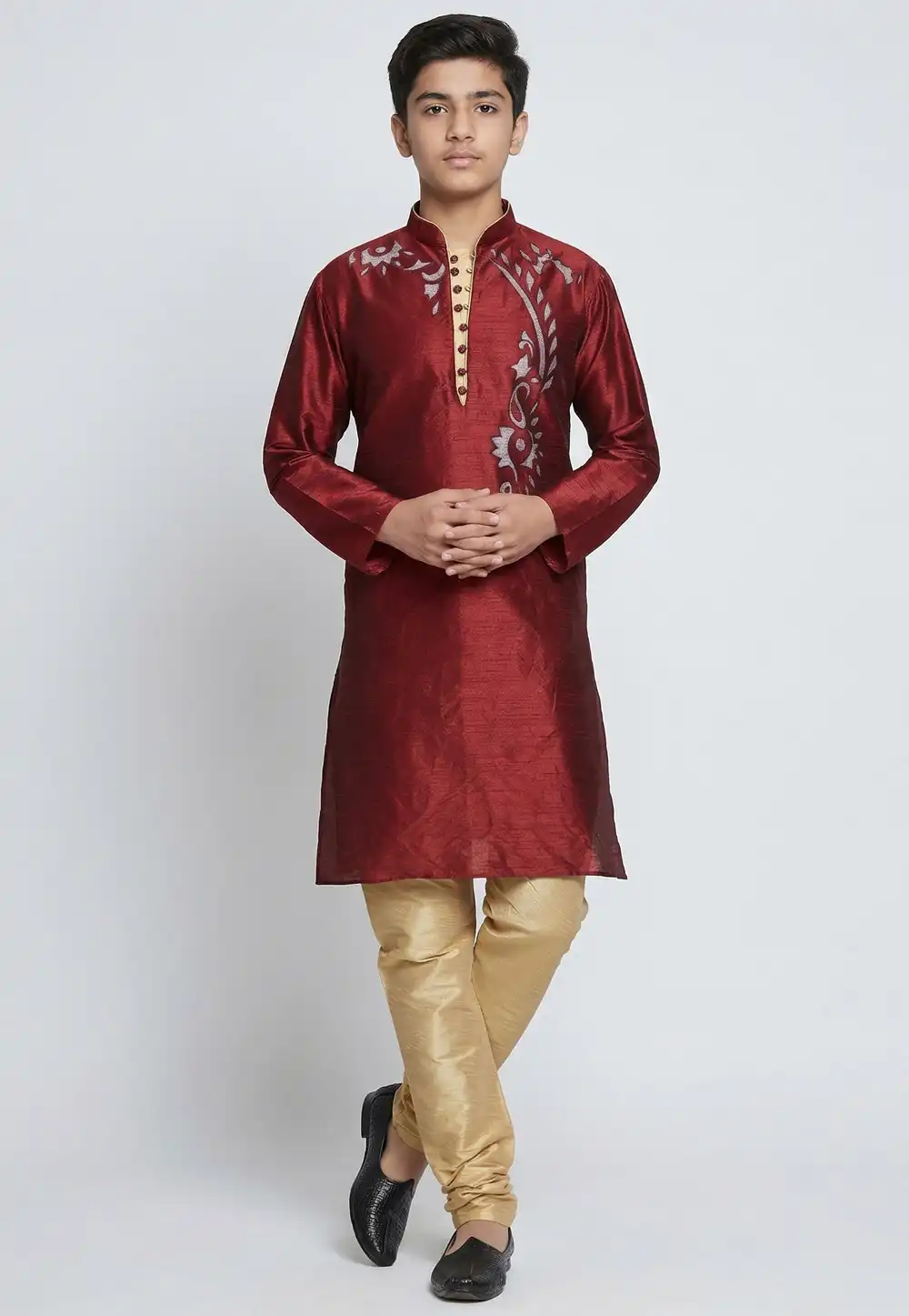 Maroon Dupion Silk Kids Kurta Pajama 329321