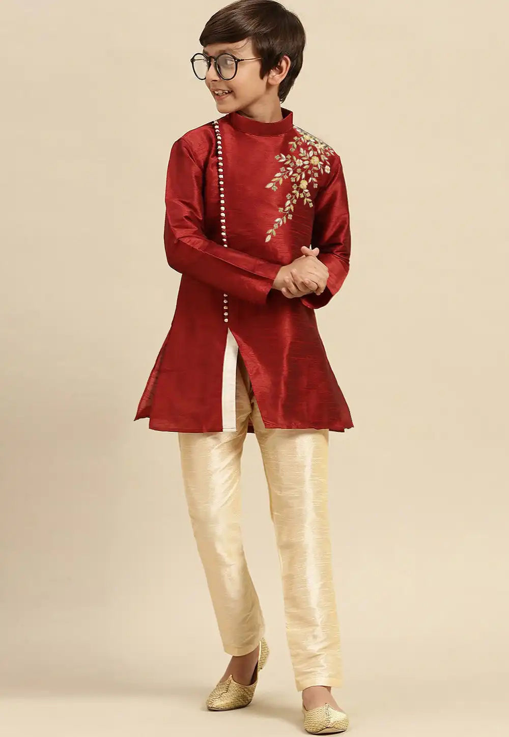 Maroon Dupion Silk Kids Kurta Pajama 316884