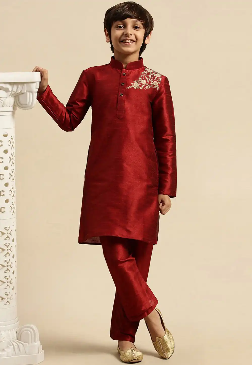 Maroon Dupion Silk Kids Kurta Pajama 316889