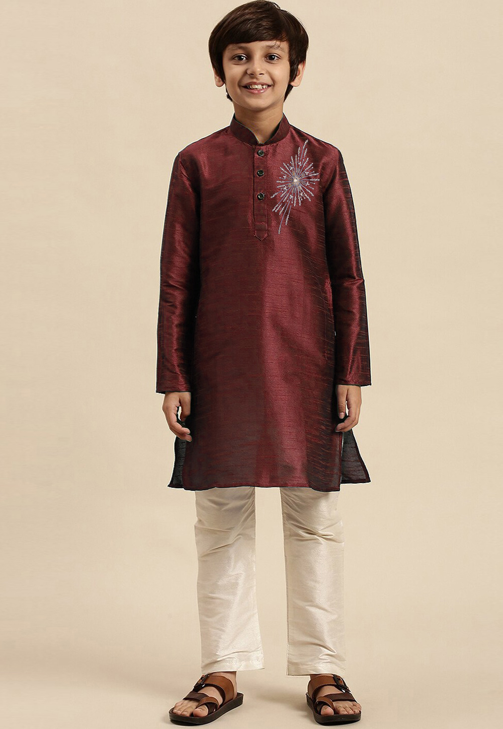 Maroon Dupion Silk Kids Kurta Pajama 316896