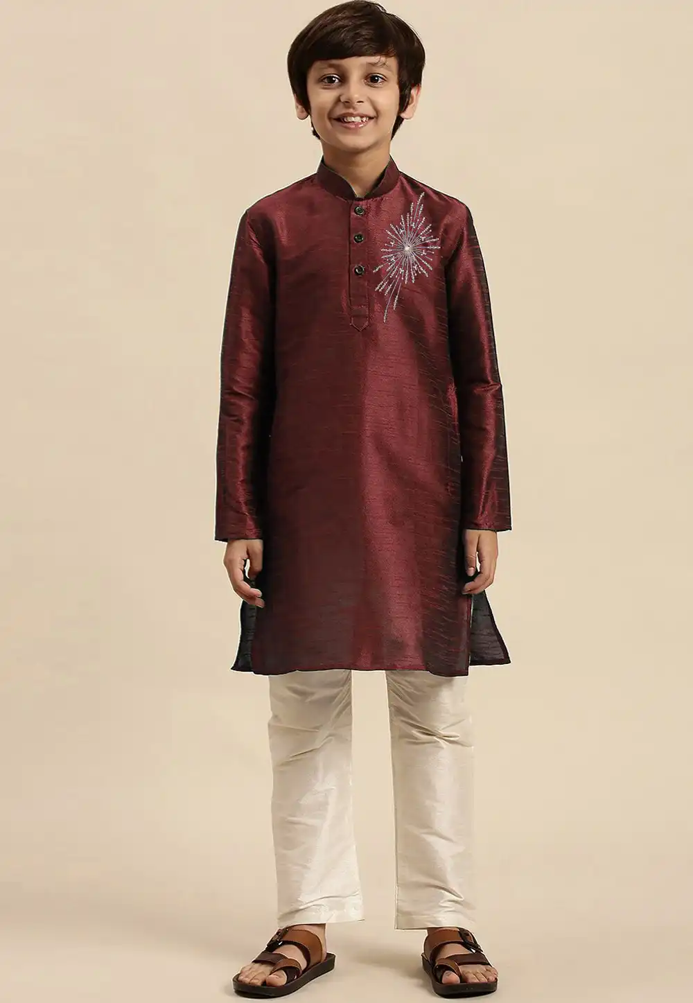 Maroon Dupion Silk Kids Kurta Pajama 316896