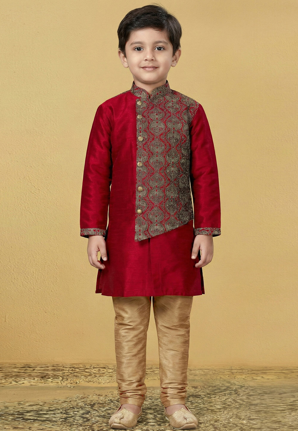 Red Dupion Silk Kids Kurta Pajama 323533