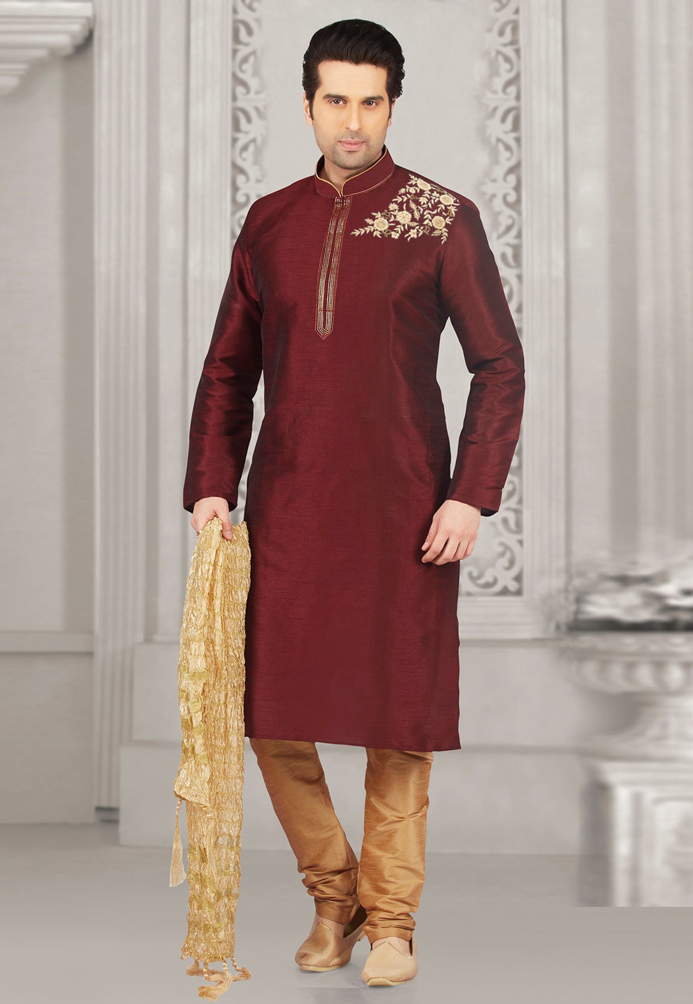 Maroon Dupion Silk Kurta Pajama 311883