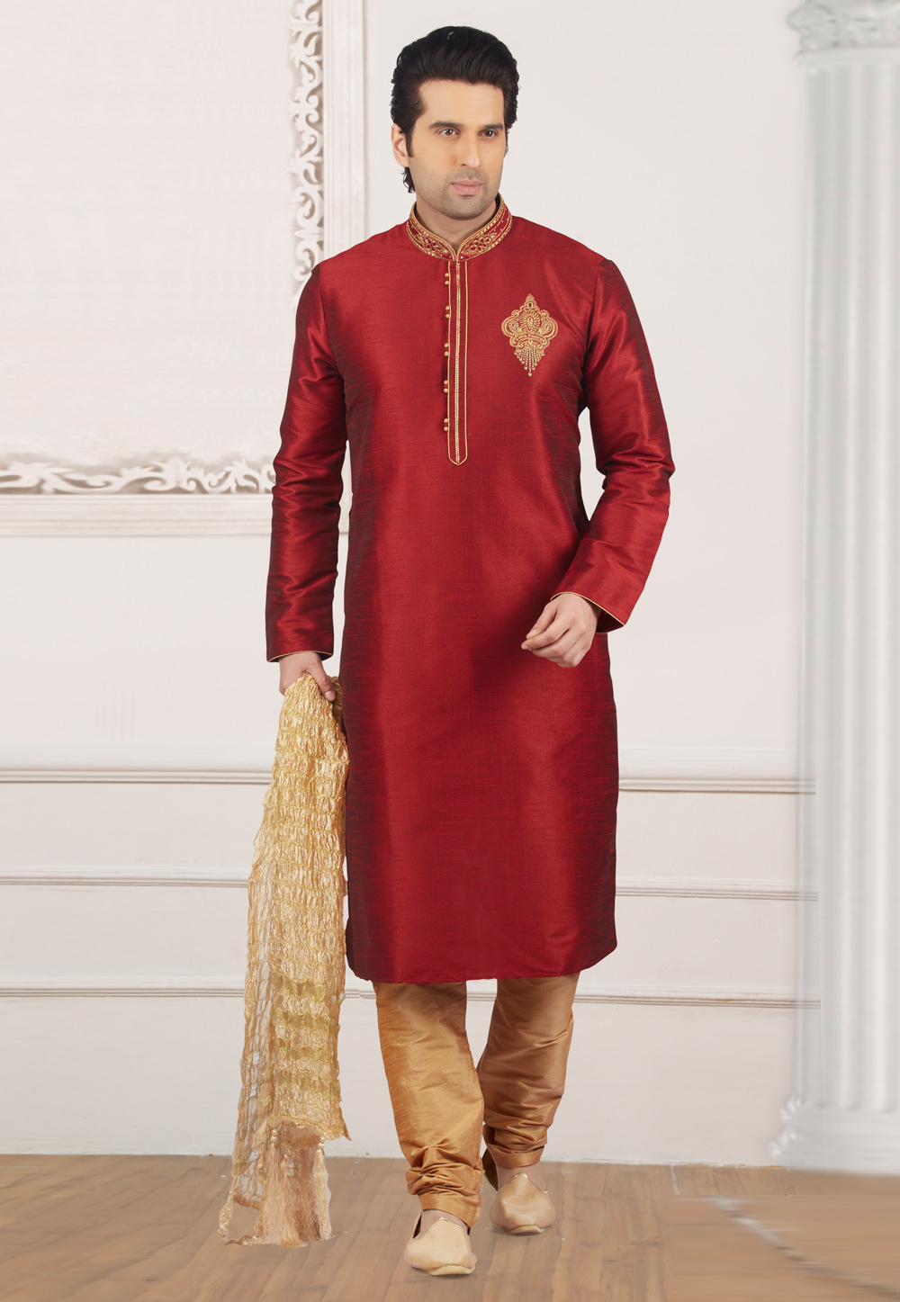 Maroon Dupion Silk Kurta Pajama 279684