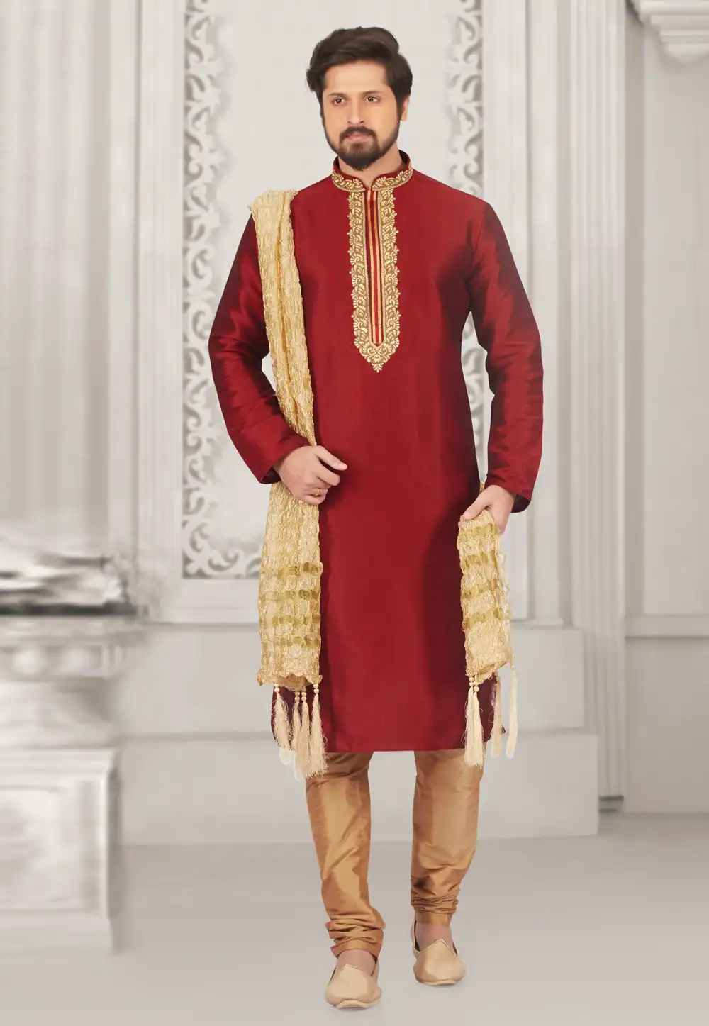 Maroon Dupion Silk Kurta Pajama 279688