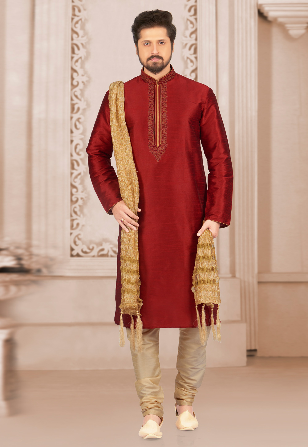 Maroon Dupion Silk Kurta Pajama 279689