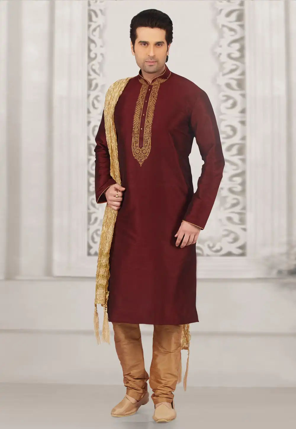 Maroon Dupion Silk Kurta Pajama 279693