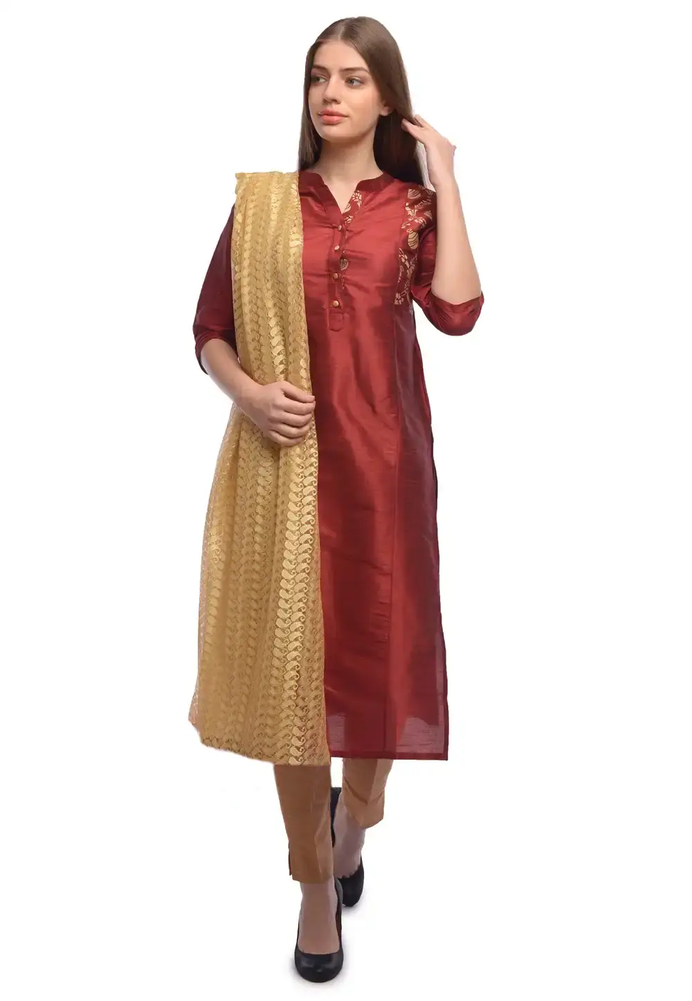 Maroon Dupion Silk Readymade Pakistani Suit 322170