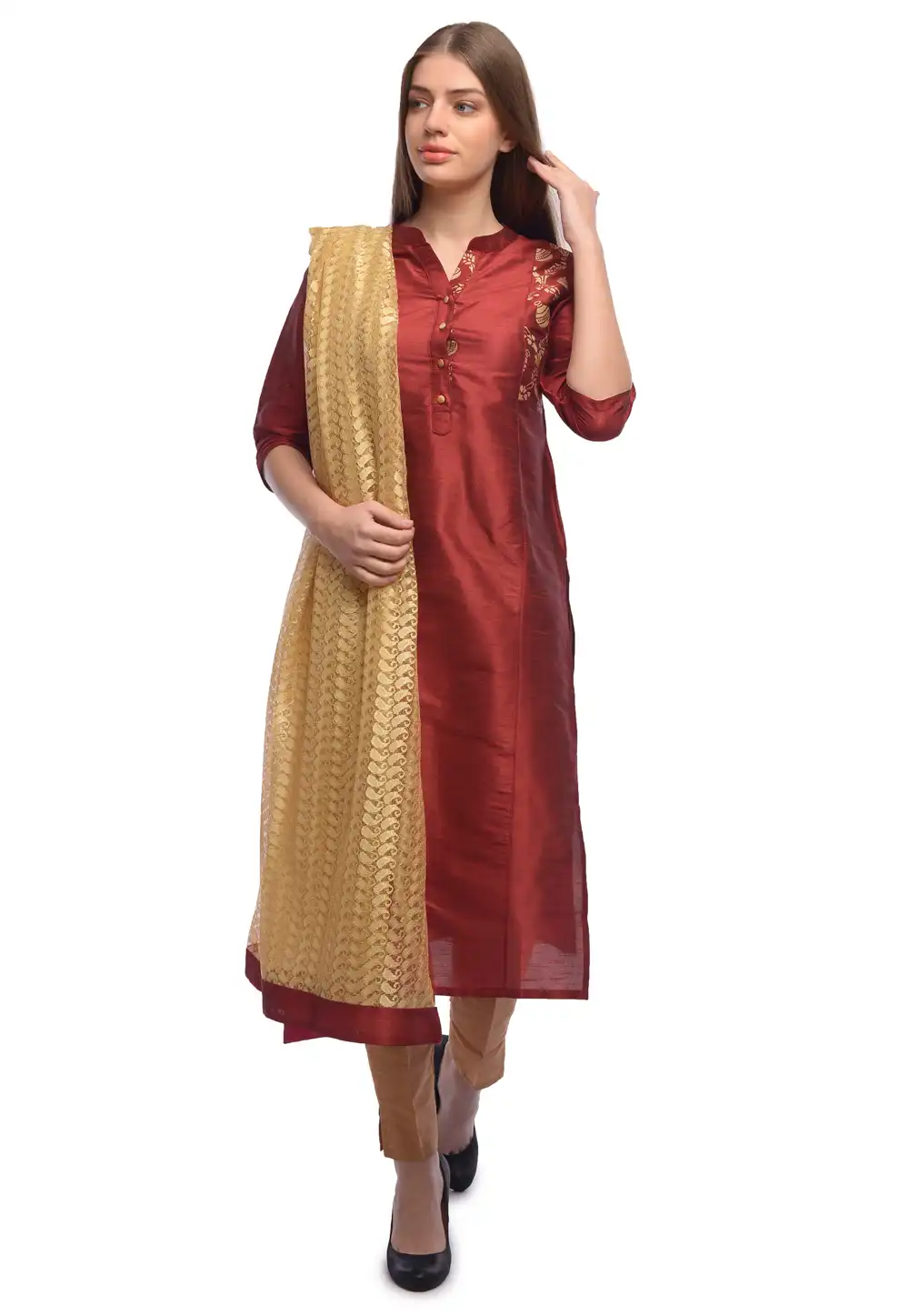 Maroon Dupion Silk Readymade Pakistani Suit 322170