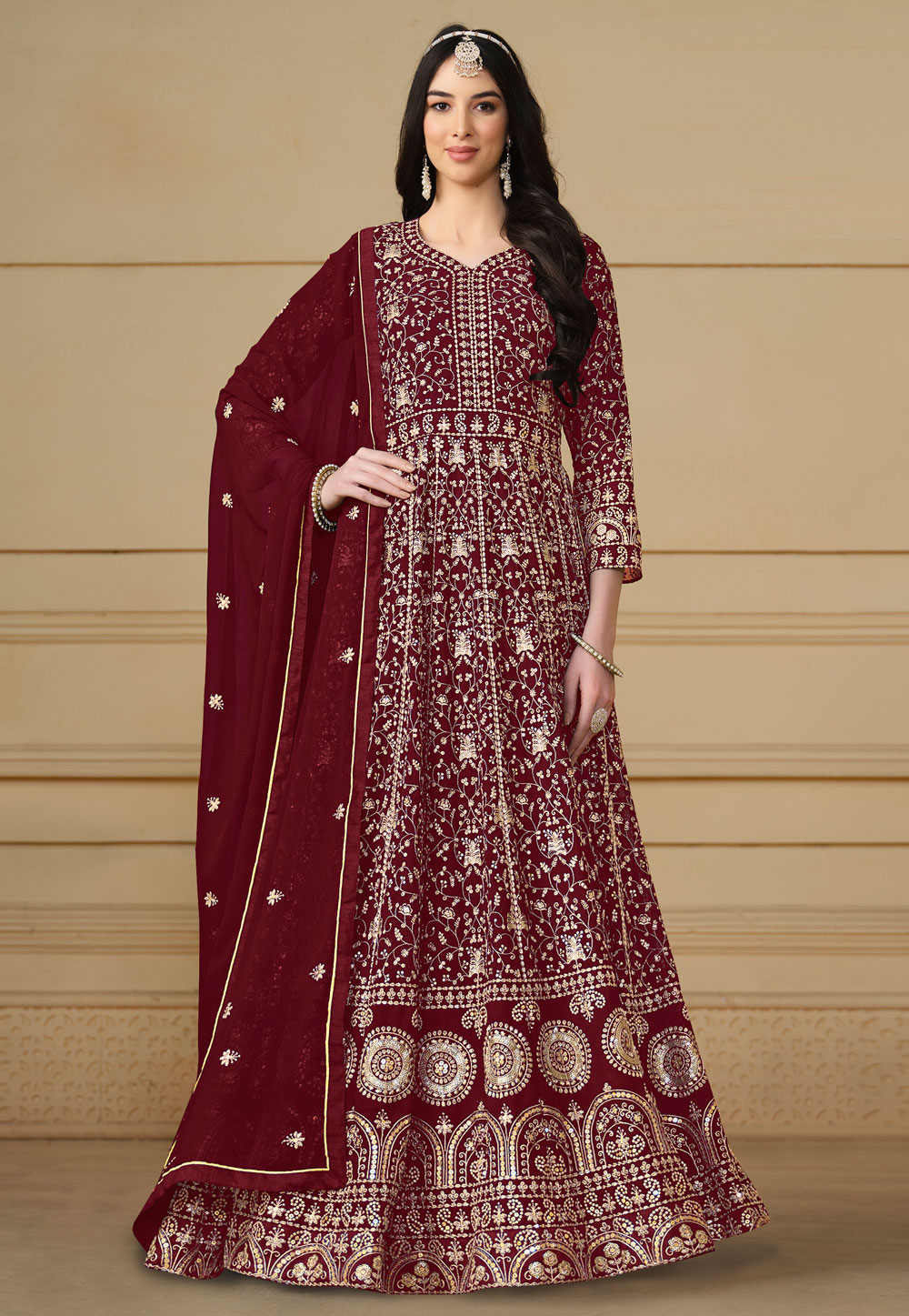 Maroon Faux Georgette Embroidered Floor Length Anarkali Suit 283858