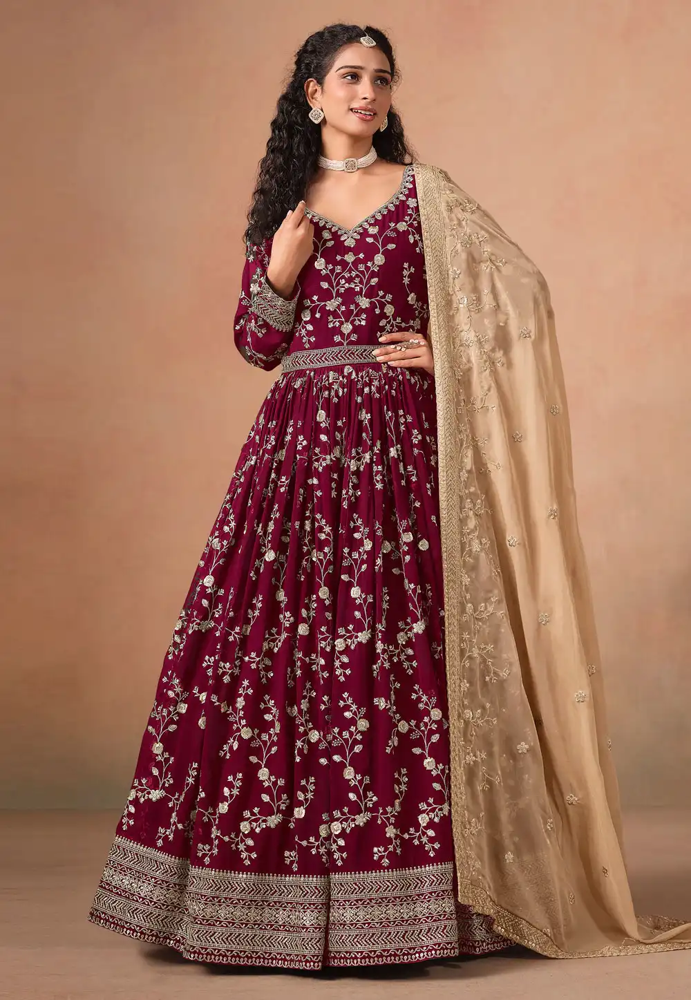 Maroon Faux Georgette Embroidered Long Anarkali Suit 315859