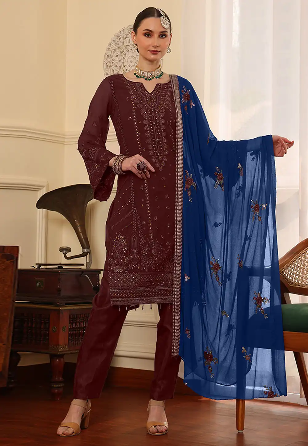 Maroon Faux Georgette Embroidered Pant Style Suit 319932