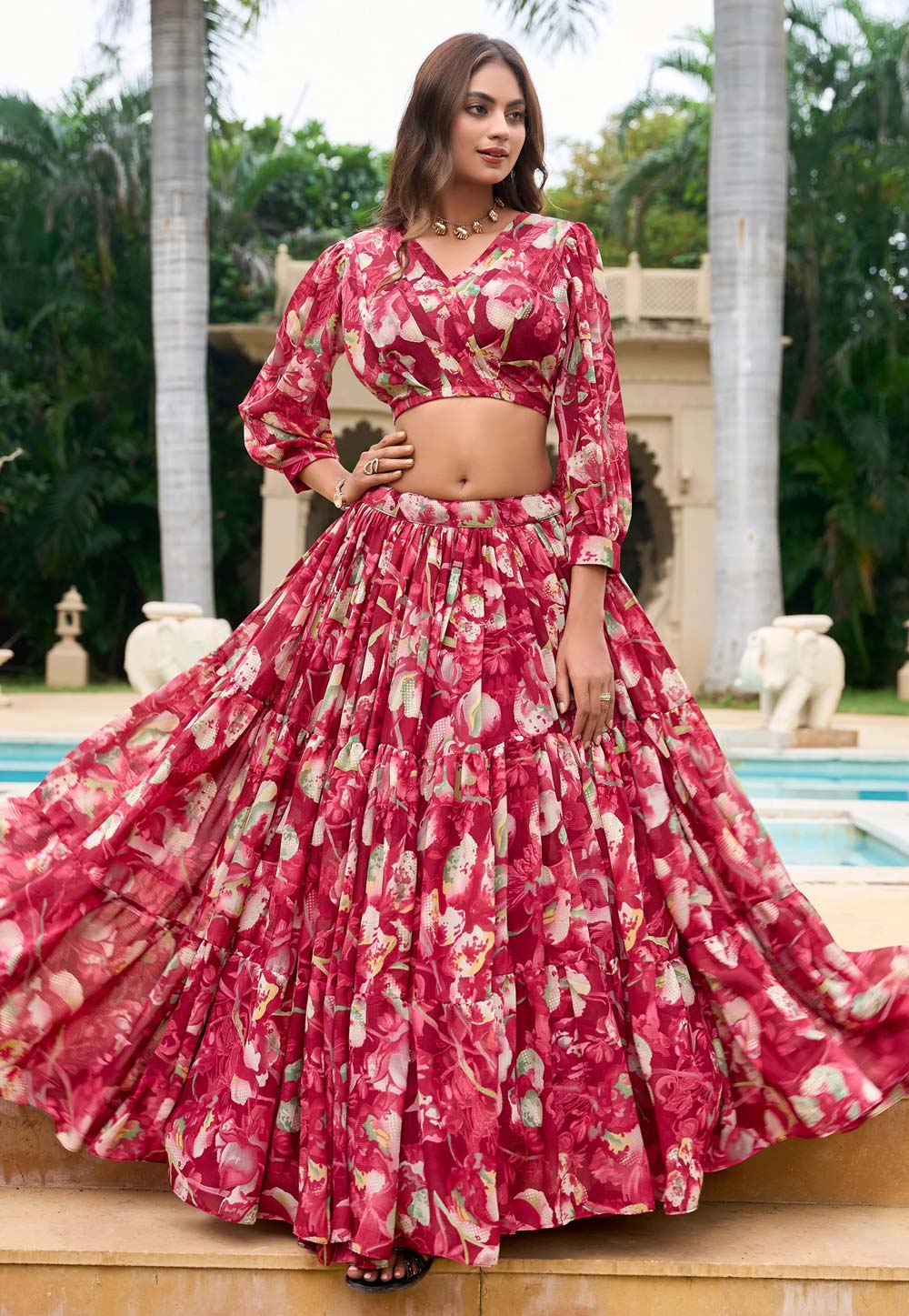 Maroon Faux Georgette Floral Lehenga choli 312694