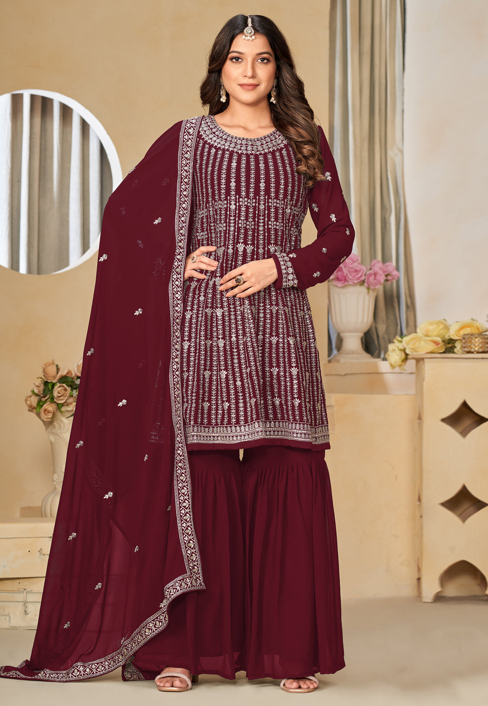 Maroon Faux Georgette Gharara Suit 284111