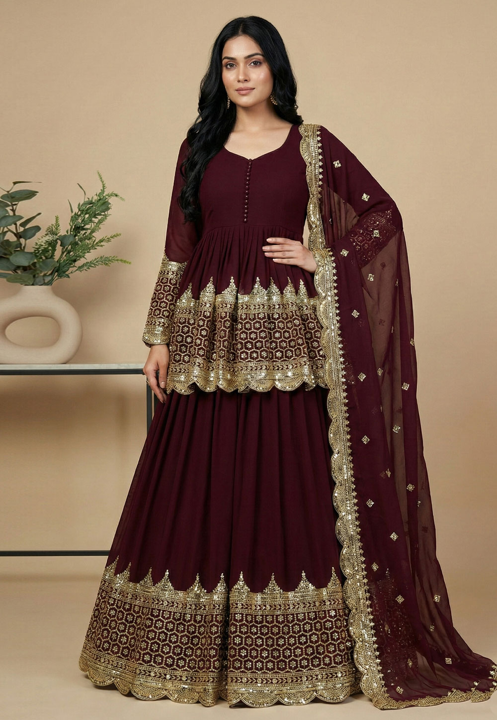 Maroon Faux Georgette Indo Western Lehenga Choli 324157