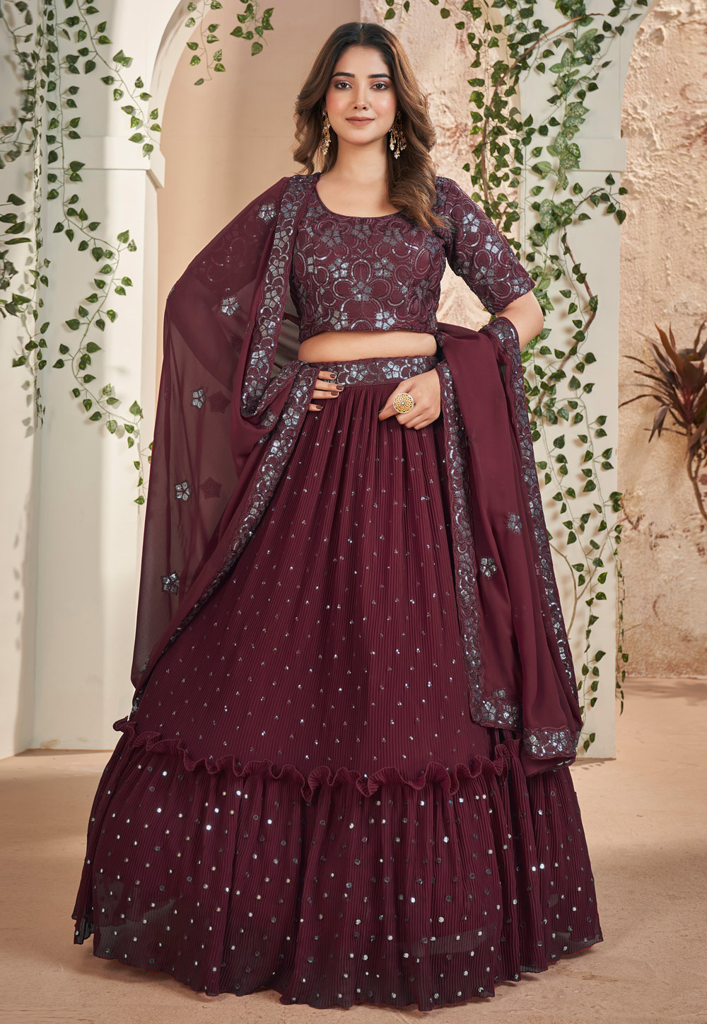 Maroon Faux Georgette Layered Lehenga Choli 281900