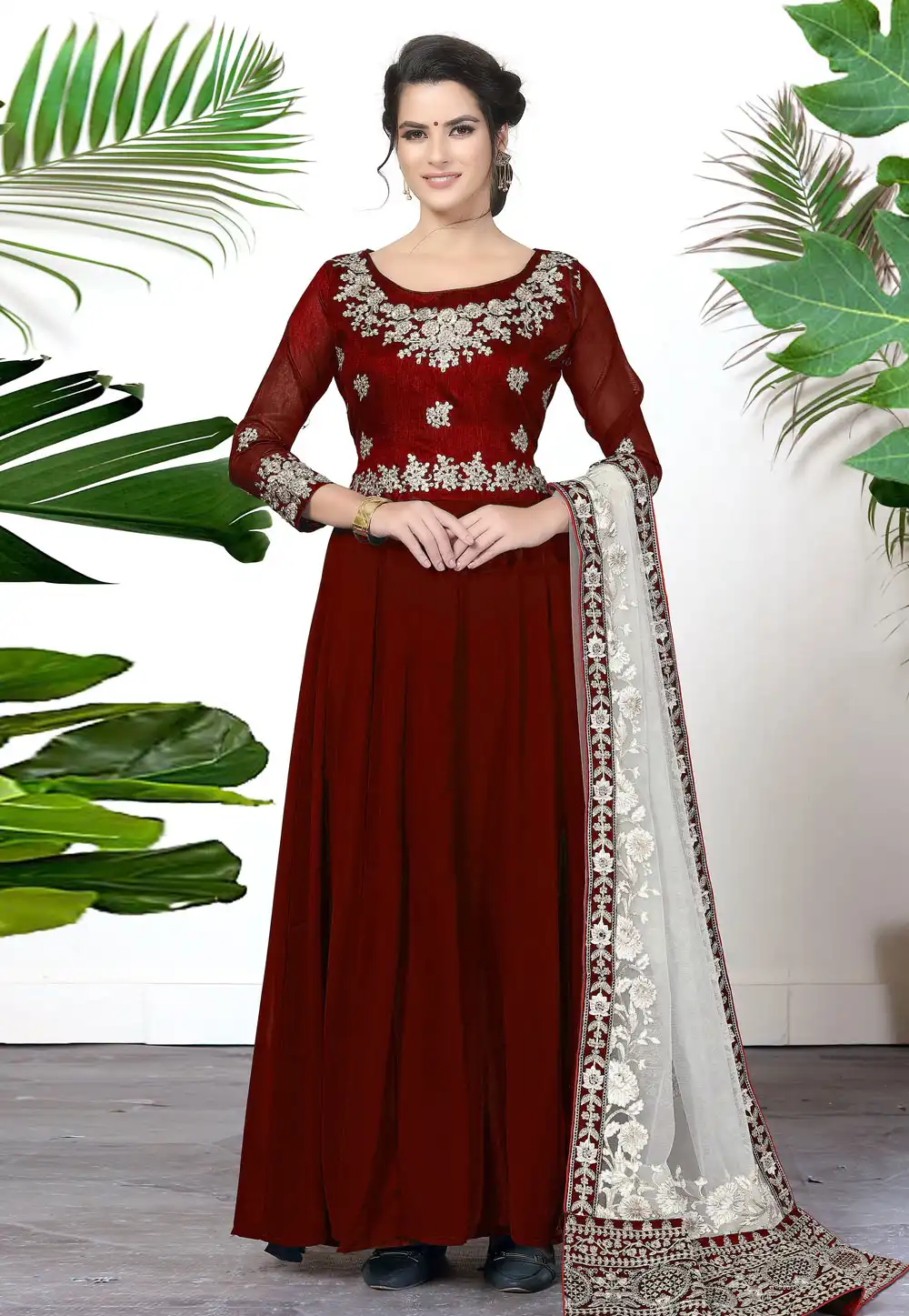 Maroon Faux Georgette Long Anarkali Suit 314646